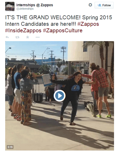 zappos internship welcome video tweet