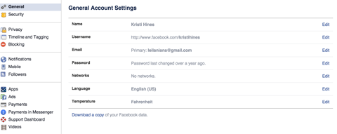 facebook account settings menu