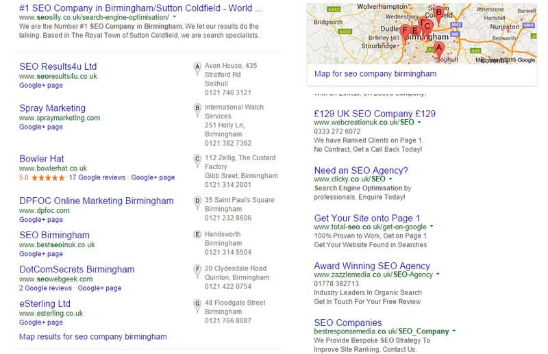 local search results showing one company with review stars