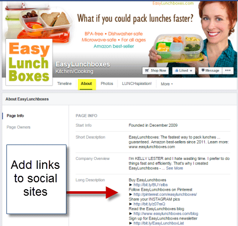 social links in about section of easy lunch boxes facebook page